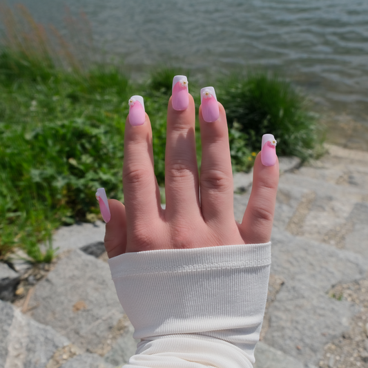 Square Baby Pink Ombre Nails with Floral Accent