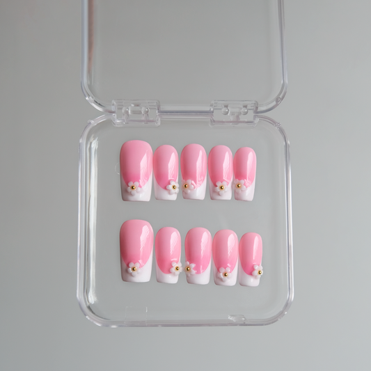 Square Baby Pink Ombre Nails with Floral Accent