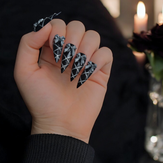 Stiletto Gel Nails with 3D Gel Bows and Crystals